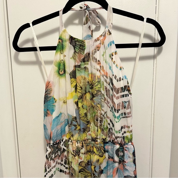 RHYME Abstract Modern Print Lined Halter Maxi Dress S unique tropical geometric - Picture 2 of 9